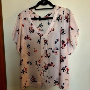 Cream, brown, pink floral print V-neck sheer tunic, size L